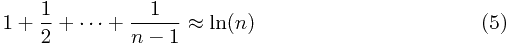 \setcounter{equation}{4}\begin{eqnarray} 1+\frac{1}{2}+\cdots+\frac{1}{n-1}\approx\ln(n)\end{eqnarray}